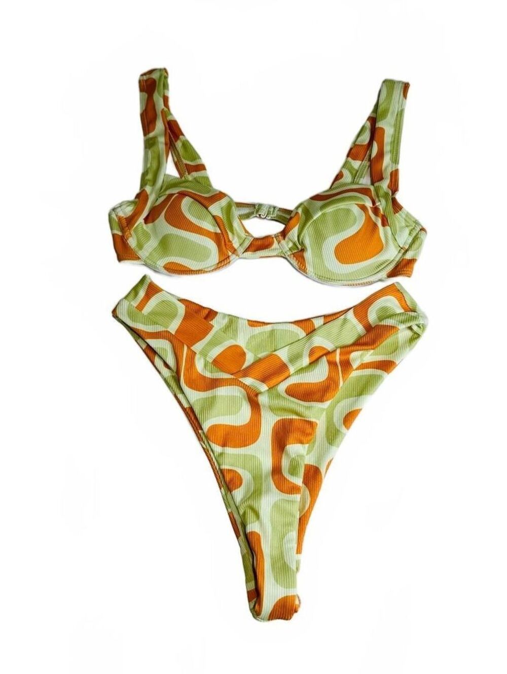 Aurelle Retro Two-Piece Bikini Swimsuit with Orange and Green Abstract Pattern